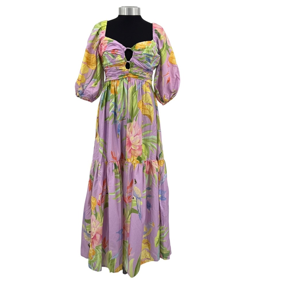 Farm Rio Oasis Tropical Lilac Purple Parrot Floral Maxi Dress Women's Small - Picture 2 of 14